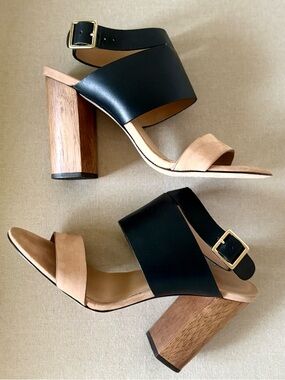 Elizabeth and James (2007) Black and Tan Block Heel Sandals with Gold Buckle